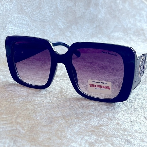 Brand New True Religion Black Oversized Square Sunglasses Purple Gradient Lens - Picture 1 of 15